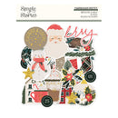 A sheet of Christmas chipboard pieces from Simple Stories, featuring festive illustrations like Santa Claus, a snowman, a mug of hot cocoa, a house, ornaments, and floral accents, with text reading 'Chipboard Pieces' and 'Mistletoe & Holly'.