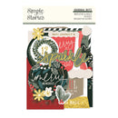 Simple Stories Journal Bits Mistletoe & Holly 60-piece craft paper set, featuring festive layered paper designs with Christmas motifs, gold glitter text, and holiday colors on a white background.