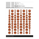 A sheet of brown enameled dots in various sizes on a white backing card, labeled 'Simple and basic' and 'Enamel Dots - SBA034'.