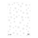 A clear rectangular plastic craft stencil with a repeating pattern of small gray starburst or dandelion-like motifs on a white background. The brand name 'Sizzlin' Sheets' is printed in black script in the bottom right corner.