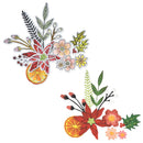 Two decorative floral sticker designs on a plain white background. The top design features red poinsettias, pink and yellow flowers, green leaves, berries, and an orange slice.