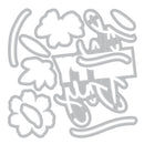 Metal die cut shapes with floral and text design on a white background