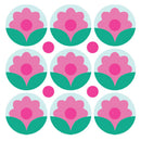 Set of pink flowers with green leaves on a white background