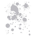 Gray paint splatter pattern on a white background, featuring various ink splashes and drips in shades of medium and light gray.