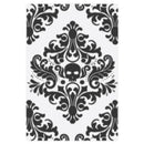 A square graphic design featuring a black baroque damask pattern with a central skull motif on a white background.