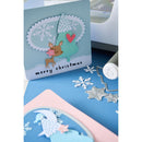 Christmas card with deer and tree design on a blue background