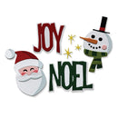 Embroidered Christmas-themed patch design featuring a Santa Claus face, a snowman, the words 'JOY' and 'NOEL', and small gold stars on a white background.