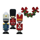 Three embroidered Christmas nutcracker figures and a holly wreath with red bows, shown on a plain white background.