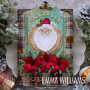 A handmade Christmas card or scrapbook art piece featuring a white Santa face cutout over a teal textured background, with red poinsettias, green foliage, plaid borders, and the words 'Santa' and 'stop'. The piece is photographed on a scalloped white dish surrounded by holiday greenery and pinecones.