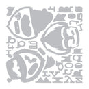 A sheet of gray Halloween-themed stencil or decal shapes on a white background, including a jack-o'-lantern, a cat face, a bat, and scattered spooky letters.