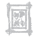 A light gray metal die-cut stencil with a rustic, handcrafted border and abstract geometric symbols inside, shown on a solid white background.