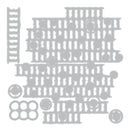 A flat, light gray layout of many small rectangular and circular cutout shapes arranged on a white background, resembling a stencil or template sheet.