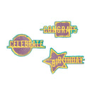 Decorative cutouts with 'CONGRATULATIONS' text in purple and yellow on a white background