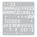 A square gray stencil sheet featuring cut-out alphabet letters, numbers, and symbols, shown against a plain white background.