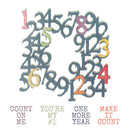 A square arrangement of stylized numbers in muted blue-gray tones with scattered pastel accents, forming a circular shape on a white background. Below, four phrases appear in matching muted colors: 'COUNT ON ME', 'YOU'RE MY
