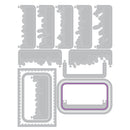 A set of gray metal die-cut templates for crafting, featuring various rectangular and wavy border shapes, with one template highlighted by a purple outline on a white background.