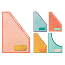 Five paper craft templates in assorted colors including coral, teal, yellow, and lavender, arranged on a plain white background.