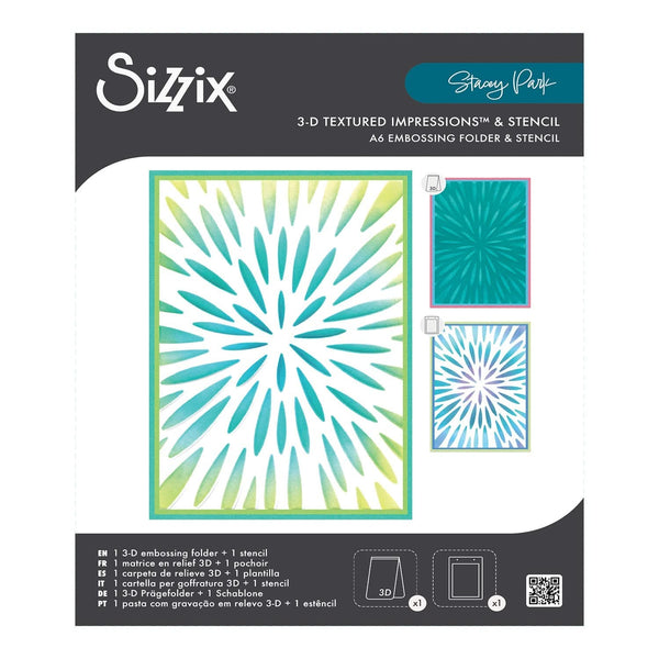Sizzix 3-D Textured Impressions Embossing Folder w/A6 Stencil By Stacey Park - Burst of Bright