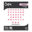 Sizix Letter Itchelle Thinlits Dies packaging showing alphabet and symbol dies in pink circles on a white and dark gray card.