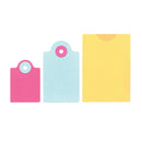 Three colorful paper tags on a white background