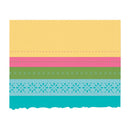 Colorful striped border with yellow, pink, green, and blue on a white background
