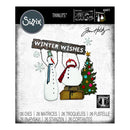 Sizzix Thinlits Jim Holtzy 'Winter Wishes' scrapbooking dies and matrices package, featuring a snowman, snowman with scarf, Christmas tree, and gift box illustration on a textured white background with black header and footer bands.