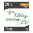 Sizix Vicki Bratten Thinline Dies packaging for 'Fun Holiday Memories Joy' 15-piece dies set, featuring green cursive text and snowflake graphics on a white background with dark gray header and footer bands.