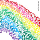 A colorful abstract artwork featuring layered rainbow stripes in red, orange, yellow, green, blue, and purple, each composed of dense white scribbled lines on a white background. Vertical text along the right edge reads 'Artwork by Melissa Esplin'.