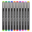 Eight black brush pens arranged in a row on a white background, each with a different colored cap in green, blue, purple, red, orange, pink, light purple, and yellow. The pens are branded 'Speckled Reality Brush Pen'.