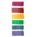 A vertical stack of six textured watercolor paint swatches in pink, burgundy, yellow, green, blue, and purple on a white background.