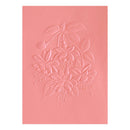 Pink card with floral embossing on a white background