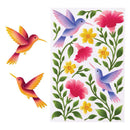 Colorful hummingbird and floral stickers on a white background