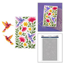 A floral and hummingbird craft design set shown on a white background, including a printed card design with pink flowers, blue and purple hummingbirds, two matching bird cutouts, and a stamped impression sample on a purple sheet.