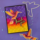 Colorful card with a hummingbird design and 'Thank you' text on a purple background