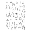 A sheet of black line art illustrations showing various body parts, clothing silhouettes, and faces, likely a digital design asset or craft stencil sheet.