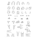 A sheet of black line art illustrations showing various body parts, faces, clothing, shoes, and simple scenes, likely a design or craft reference sheet.