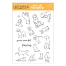 A sheet of clear stamps from Beyond Stamping Studio featuring black line drawings of various dogs, cats, and playful poses, with the phrases 'you're pwn-fact' and 'Pwnstupidly' on an orange header card.