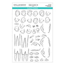 Spellbinders clear stamp sheet featuring illustrated man's faces, glasses, hands, arms, legs, and feet in black line art on a white background.
