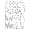 Black and white line art sheet showing multiple cartoon face, hand, leg, and body parts arranged in a catalog-like layout on a white background.