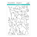 Spellbinders Clear Stamps sheet featuring 20 black line-art animal illustrations including deer, rabbits, foxes, beavers, birds, and bears, on a white background with Spellbinders branding at the top.