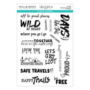 Sheet of clear stamps with various phrases and graphics on a white background