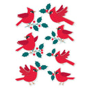 Red cardinal birds with holly leaves and berries on a white background