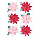 Six Christmas poinsettia flower illustrations arranged in a 3-by-2 grid on a white background, featuring red and pink blooms with green leaves and small berry accents.