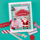 Christmas-themed card with Santa Claus on a teal background