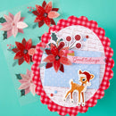 Christmas-themed card with reindeer, flowers, and 'Good tidings' text on a turquoise background.