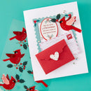 Christmas-themed card with red envelope and decorative elements on a teal background