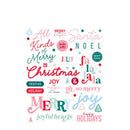A collection of colorful Christmas-themed stickers with festive phrases like 'Merry Christmas', 'Santa Noel', 'Joy', and 'Happy Holidays' in pink, teal, and red lettering on a white background.