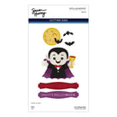 Spellbinders by Simon Hurley Halloween cutting dies sheet, featuring a vampire character with a moon, bats, and banners reading 'Young Fantastic' and 'Happy Halloween'.