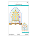 Spellbinders Paper Arts Cutting Dies kit, showing a decorative arch-shaped die design with a sunburst motif and a smaller character die design on the packaging.