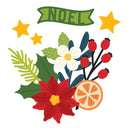Decorative Christmas design with flowers, leaves, and 'Noel' banner on a white background